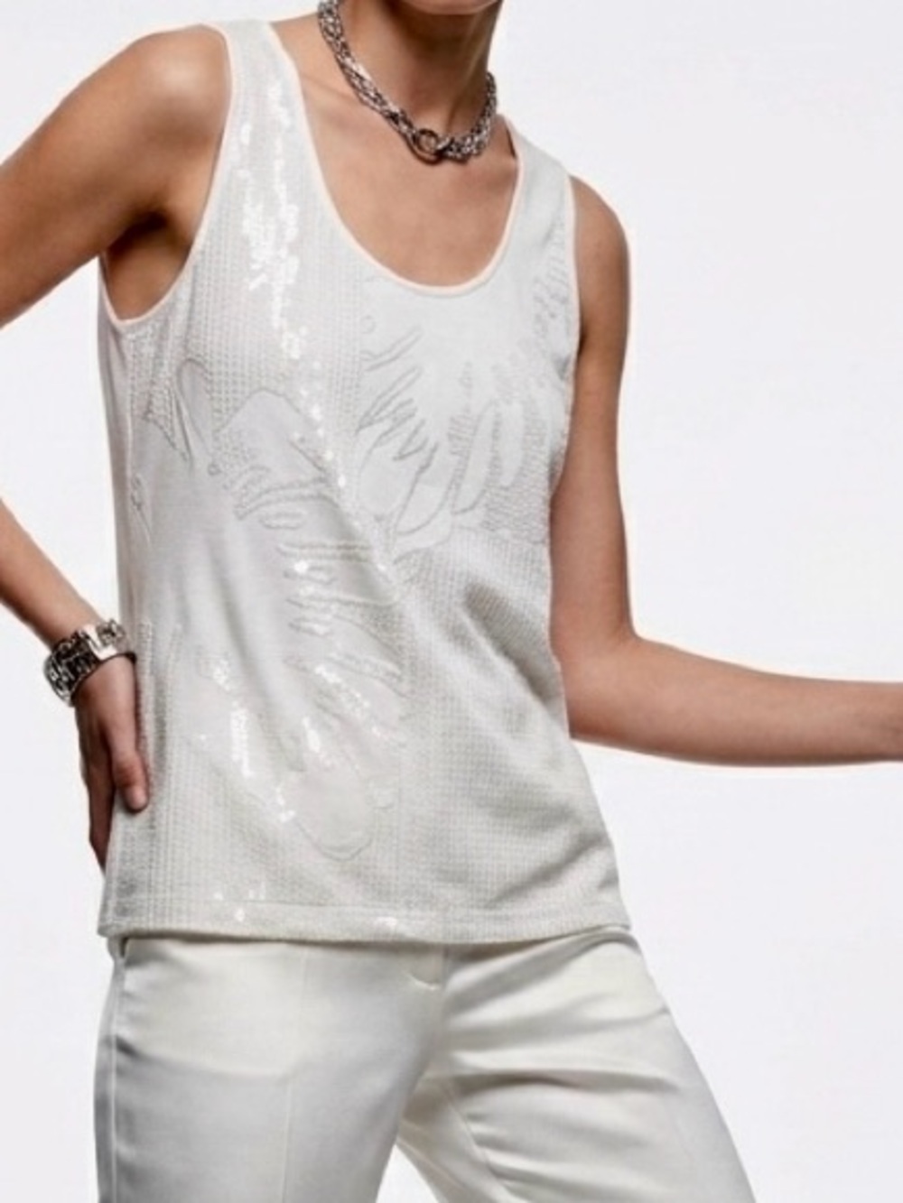 DANA BUCHMAN White Sequin Scoop Neck Tank Top